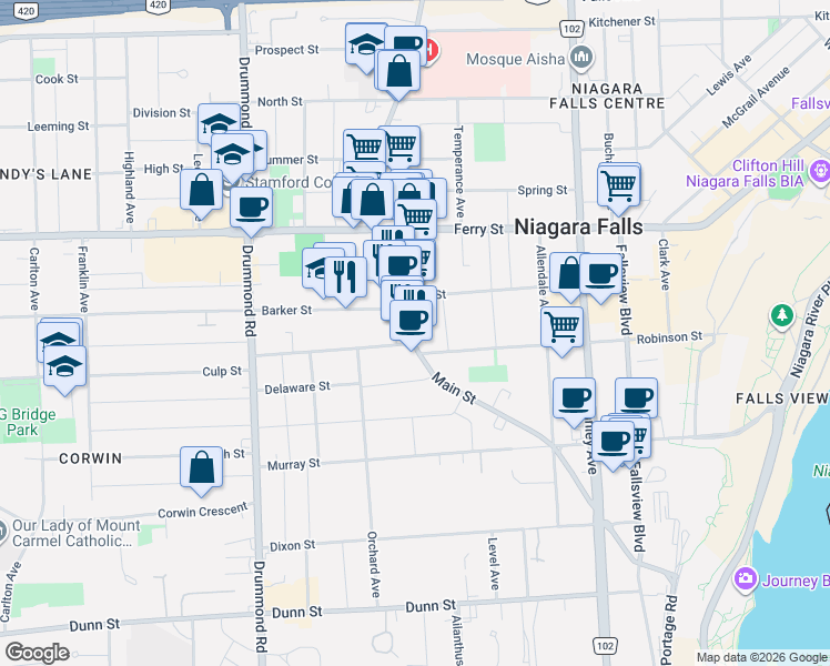map of restaurants, bars, coffee shops, grocery stores, and more near 6092 Main Street in Niagara Falls