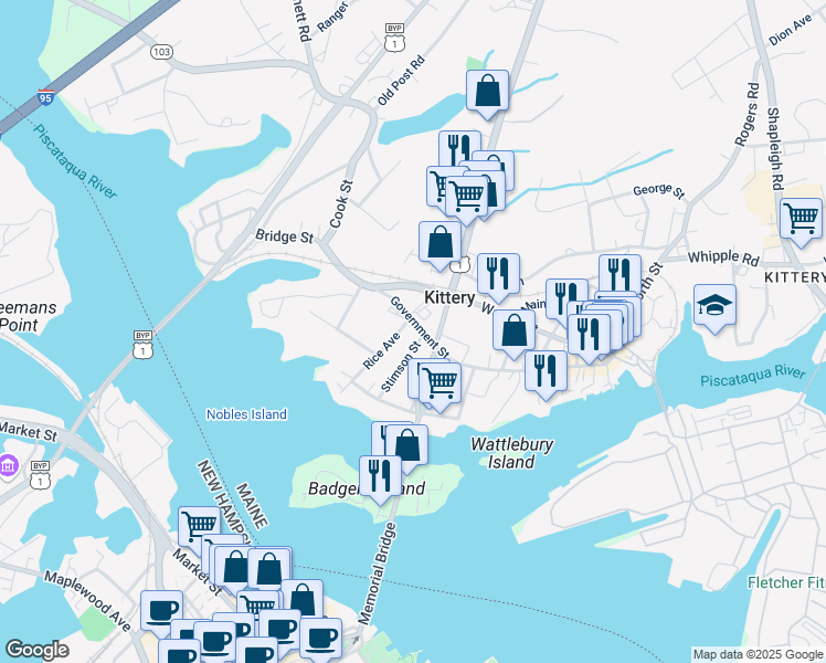 map of restaurants, bars, coffee shops, grocery stores, and more near 2 Newmarch Street in Kittery