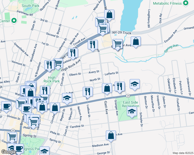 map of restaurants, bars, coffee shops, grocery stores, and more near 124 North Street in Saratoga Springs