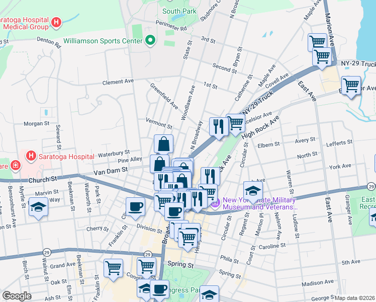 map of restaurants, bars, coffee shops, grocery stores, and more near 534 Broadway in Saratoga Springs