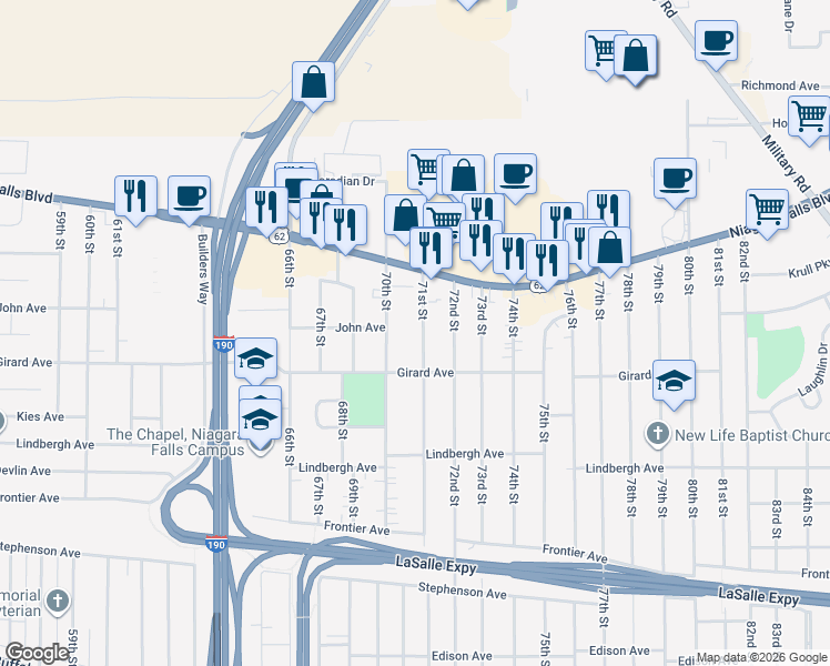 map of restaurants, bars, coffee shops, grocery stores, and more near 619 70th Street in Niagara Falls