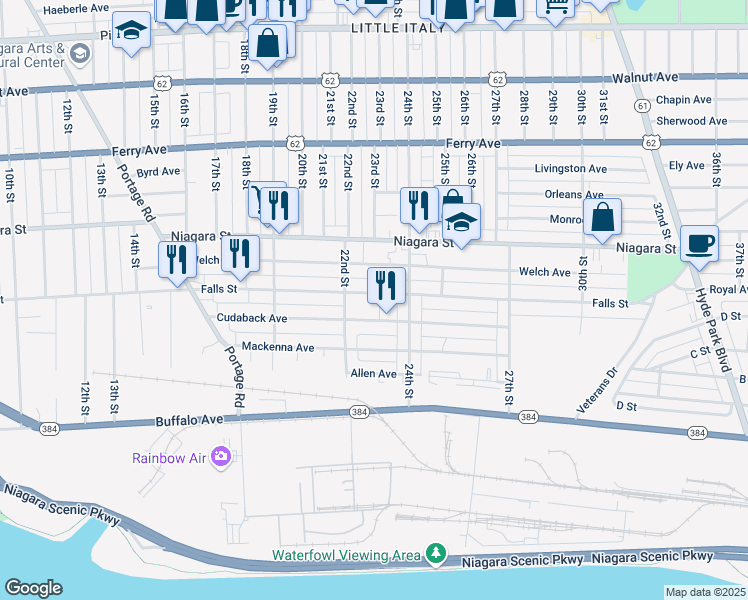 map of restaurants, bars, coffee shops, grocery stores, and more near 2220 Cudaback Avenue in Niagara Falls