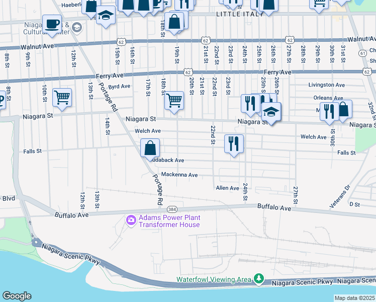 map of restaurants, bars, coffee shops, grocery stores, and more near 1921 Cudaback Avenue in Niagara Falls