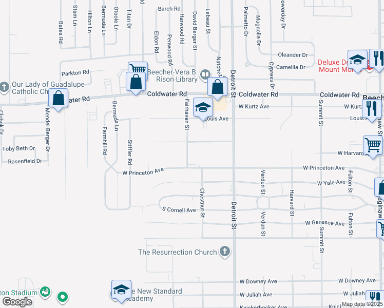 map of restaurants, bars, coffee shops, grocery stores, and more near 5383 Fairhaven Street in Flint