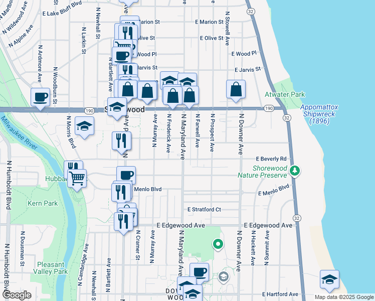 map of restaurants, bars, coffee shops, grocery stores, and more near 2207 East Beverly Road in Shorewood
