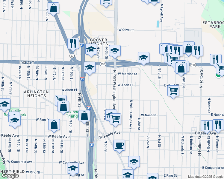 map of restaurants, bars, coffee shops, grocery stores, and more near 3814 North 6th Street in Milwaukee