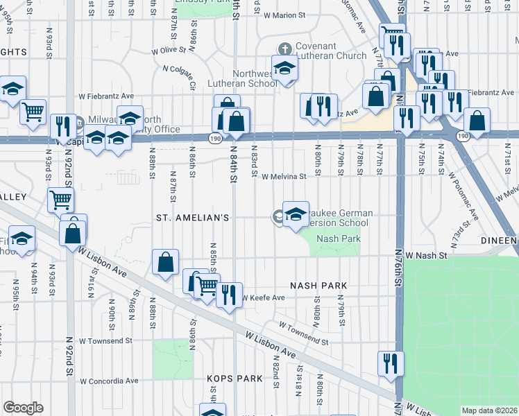 map of restaurants, bars, coffee shops, grocery stores, and more near 3777 North 82nd Street in Milwaukee