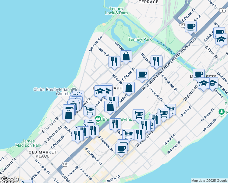map of restaurants, bars, coffee shops, grocery stores, and more near 121 North Ingersoll Street in Madison
