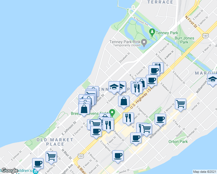 map of restaurants, bars, coffee shops, grocery stores, and more near 1028 East Dayton Street in Madison