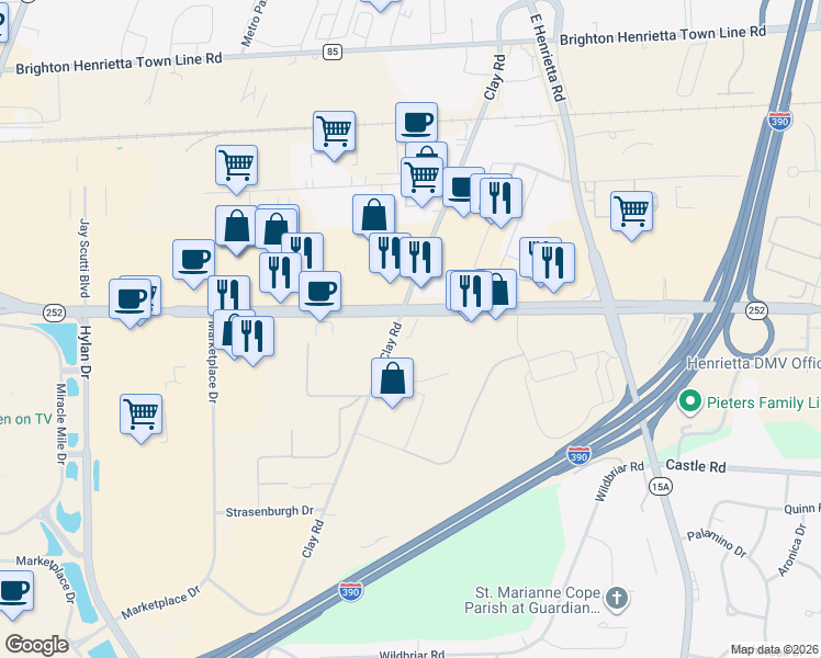 map of restaurants, bars, coffee shops, grocery stores, and more near 933 Jefferson Road in Rochester