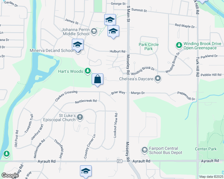map of restaurants, bars, coffee shops, grocery stores, and more near 73 Clarkes Crossing in Fairport
