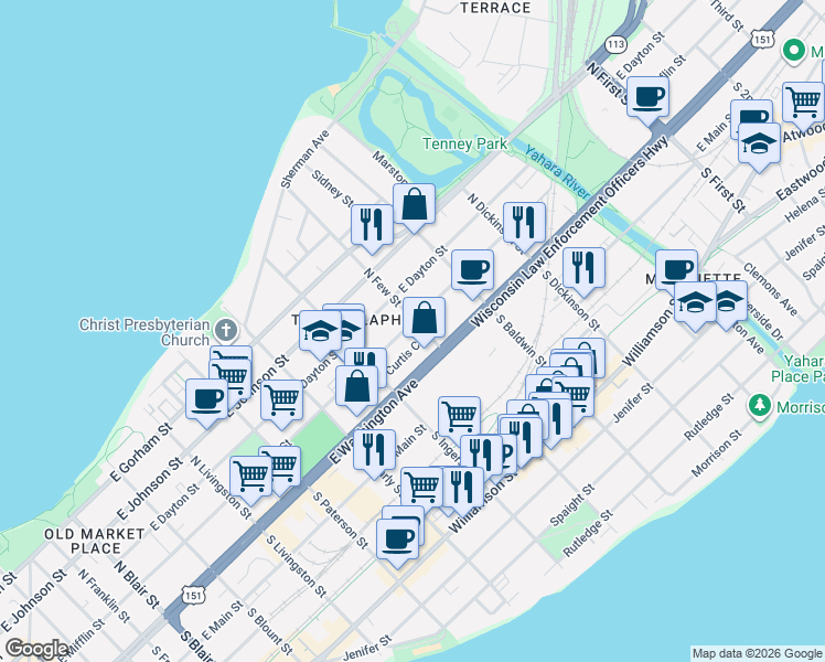 map of restaurants, bars, coffee shops, grocery stores, and more near 1149 East Mifflin Street in Madison