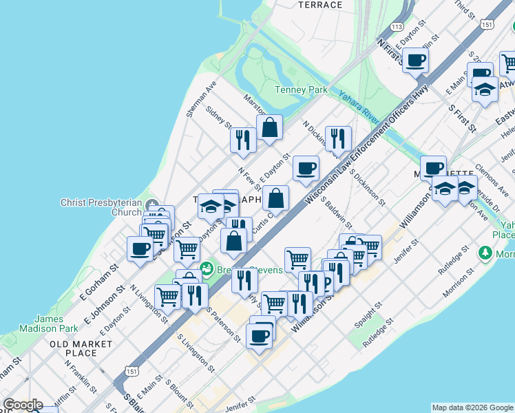 map of restaurants, bars, coffee shops, grocery stores, and more near 1144 East Mifflin Street in Madison
