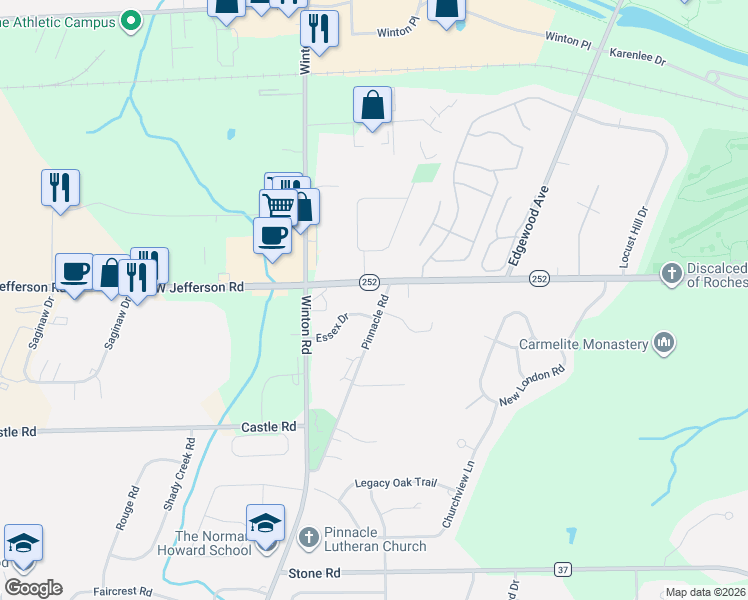 map of restaurants, bars, coffee shops, grocery stores, and more near 11 Hillbrook Circle in Pittsford