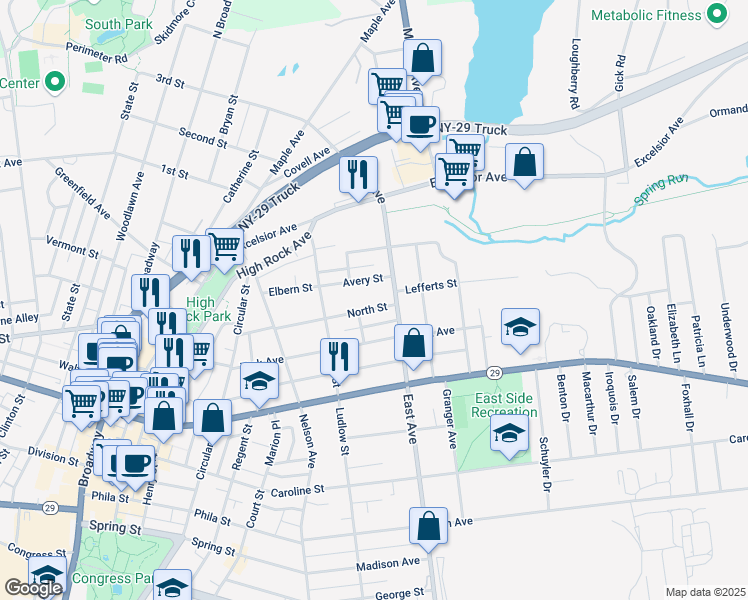 map of restaurants, bars, coffee shops, grocery stores, and more near 124 North Street in Saratoga Springs