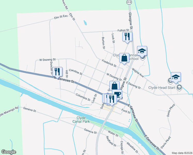 map of restaurants, bars, coffee shops, grocery stores, and more near 116 Caroline Street in Clyde