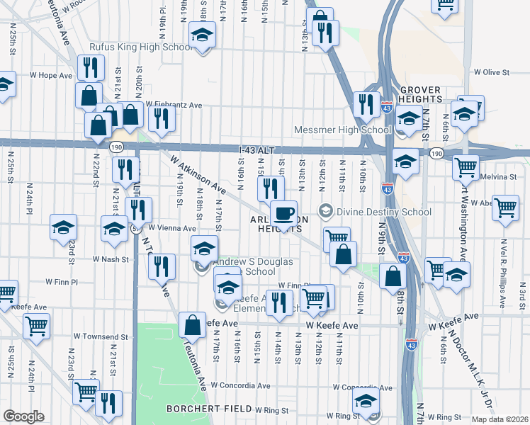 map of restaurants, bars, coffee shops, grocery stores, and more near 1438 West Atkinson Avenue in Milwaukee