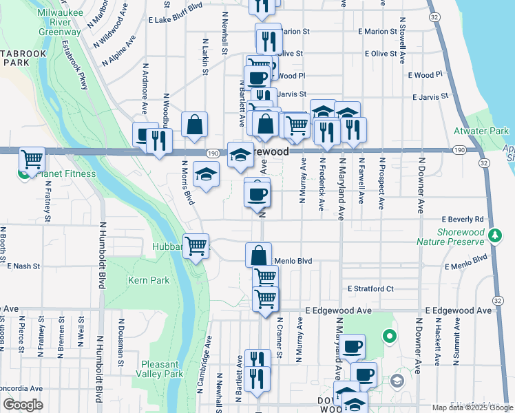 map of restaurants, bars, coffee shops, grocery stores, and more near 3825 North Oakland Avenue in Shorewood