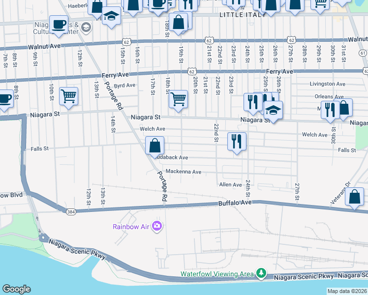 map of restaurants, bars, coffee shops, grocery stores, and more near 1901 Falls Street in Niagara Falls