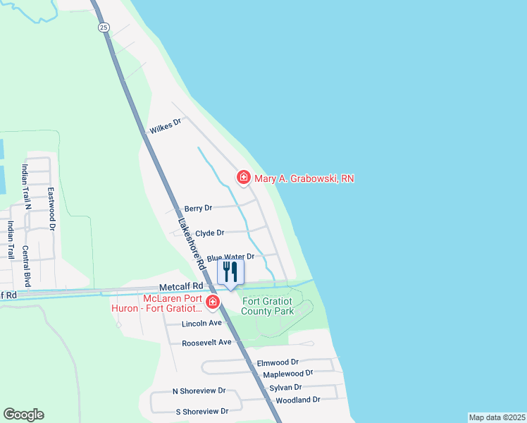 map of restaurants, bars, coffee shops, grocery stores, and more near 6060 Wildrose Lane in Fort Gratiot Township