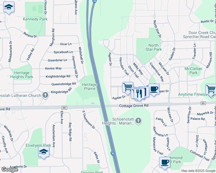 map of restaurants, bars, coffee shops, grocery stores, and more near 734 Jupiter Drive in Madison