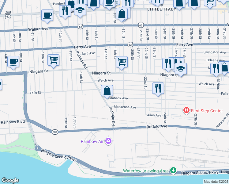 map of restaurants, bars, coffee shops, grocery stores, and more near 1753 Cudaback Avenue in Niagara Falls