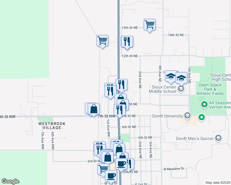 map of restaurants, bars, coffee shops, grocery stores, and more near 806 N Main Ave in Sioux Center
