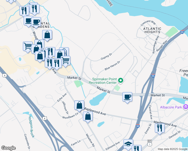 map of restaurants, bars, coffee shops, grocery stores, and more near 15 Shearwater Drive in Portsmouth