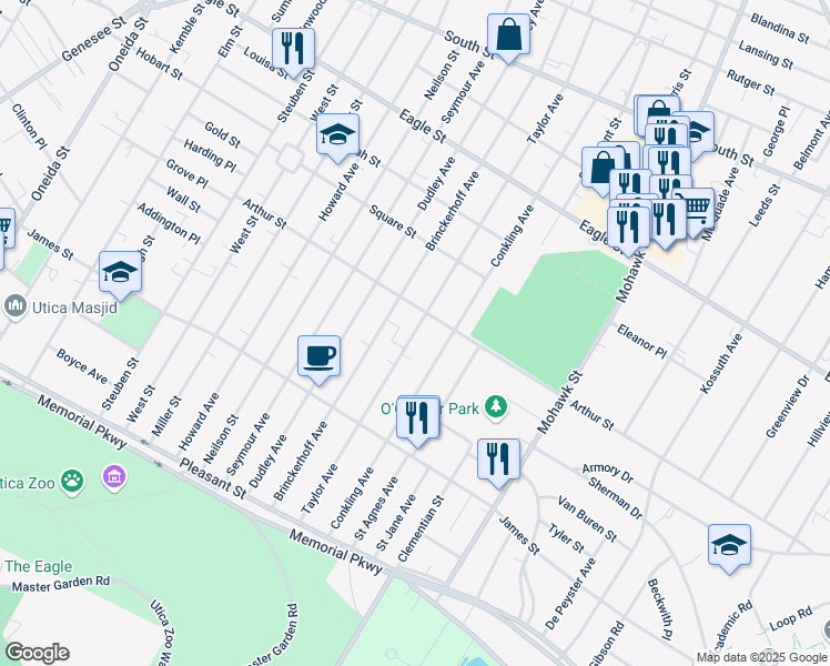 map of restaurants, bars, coffee shops, grocery stores, and more near 1524 Taylor Avenue in Utica