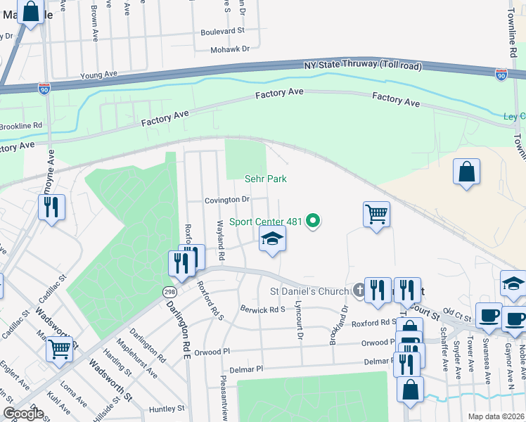 map of restaurants, bars, coffee shops, grocery stores, and more near 110 Marsden Road in Syracuse
