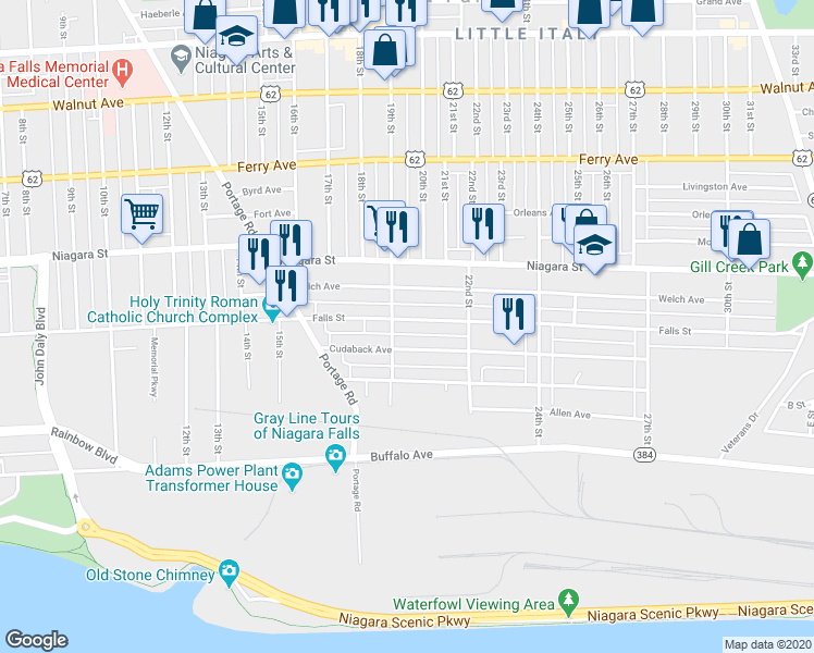 map of restaurants, bars, coffee shops, grocery stores, and more near 1921 Cudaback Avenue in Niagara Falls