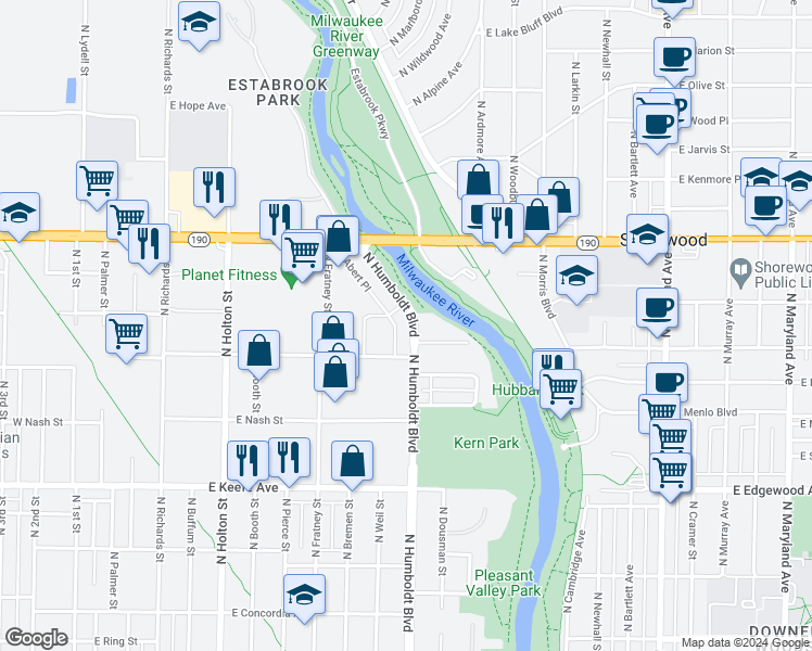 map of restaurants, bars, coffee shops, grocery stores, and more near 3805 North Weil Street in Milwaukee