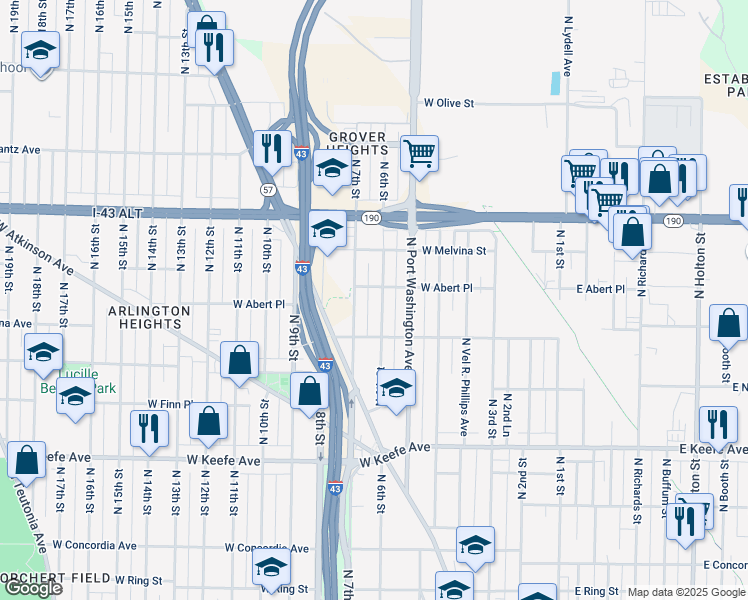 map of restaurants, bars, coffee shops, grocery stores, and more near 3814 North 7th Street in Milwaukee