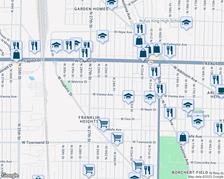 map of restaurants, bars, coffee shops, grocery stores, and more near 3760 North 24th Place in Milwaukee