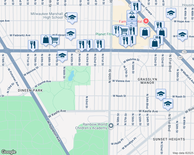 map of restaurants, bars, coffee shops, grocery stores, and more near 3767 North 61st Street in Milwaukee