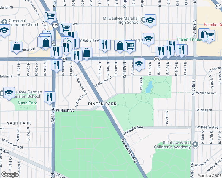 map of restaurants, bars, coffee shops, grocery stores, and more near 6930 West Vienna Avenue in Milwaukee