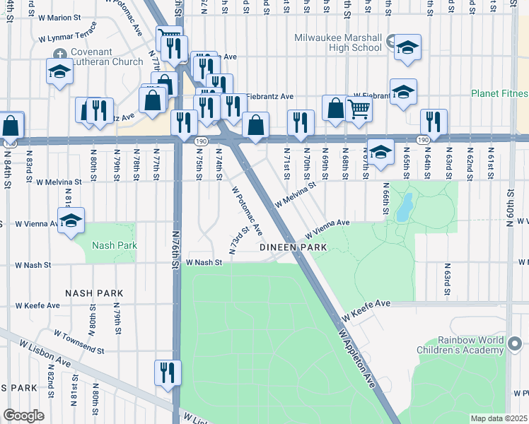 map of restaurants, bars, coffee shops, grocery stores, and more near 7254 West Potomac Avenue in Milwaukee