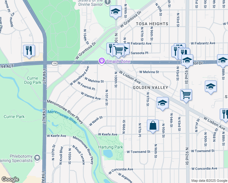 map of restaurants, bars, coffee shops, grocery stores, and more near 3803 North 100th Street in Milwaukee
