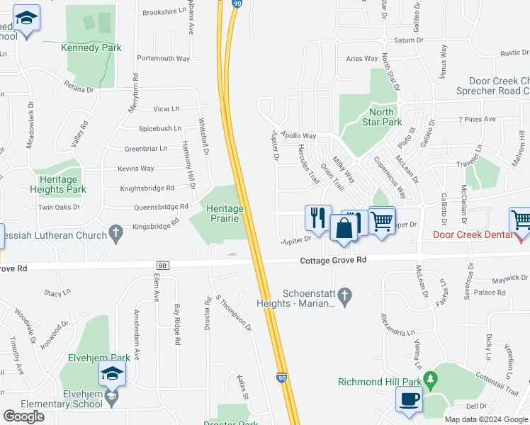map of restaurants, bars, coffee shops, grocery stores, and more near 810 Jupiter Drive in Madison