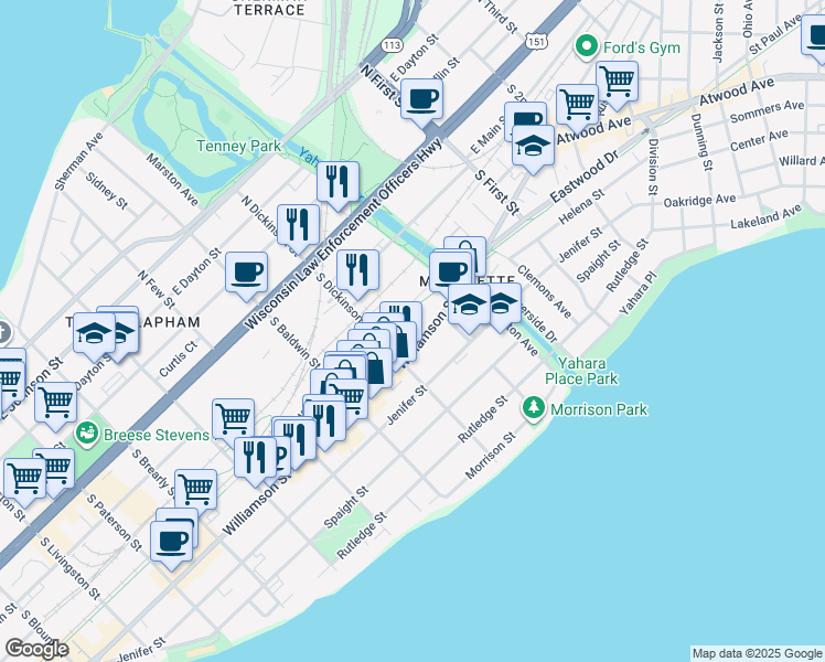 map of restaurants, bars, coffee shops, grocery stores, and more near 1402 Williamson Street in Madison