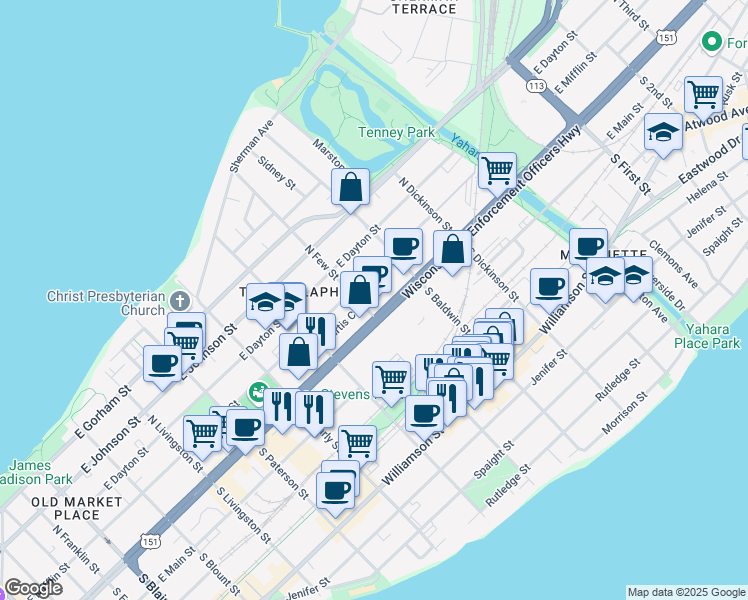 map of restaurants, bars, coffee shops, grocery stores, and more near 1150 East Washington Avenue in Madison