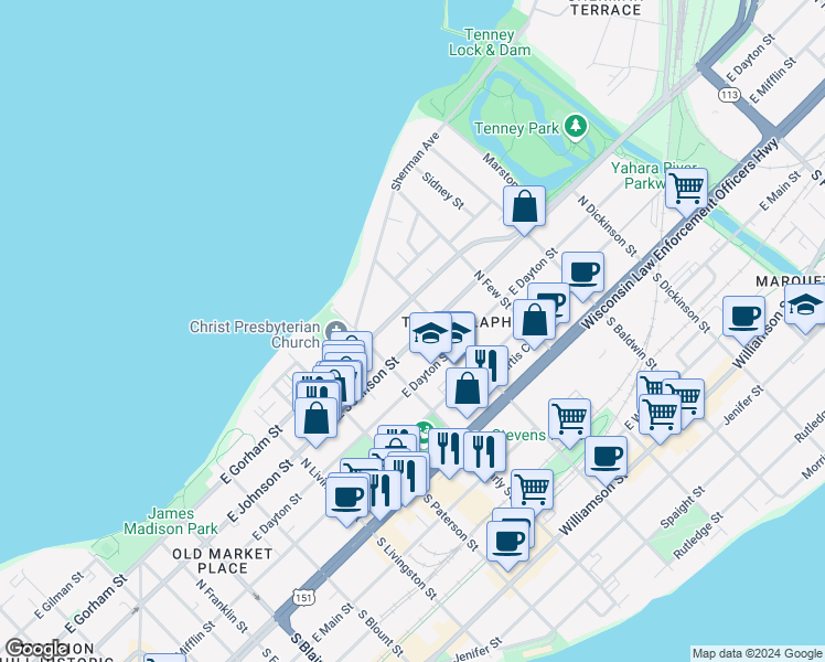 map of restaurants, bars, coffee shops, grocery stores, and more near 1028 East Dayton Street in Madison