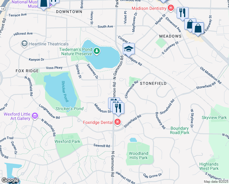 map of restaurants, bars, coffee shops, grocery stores, and more near 1120 North Gammon Road in Madison