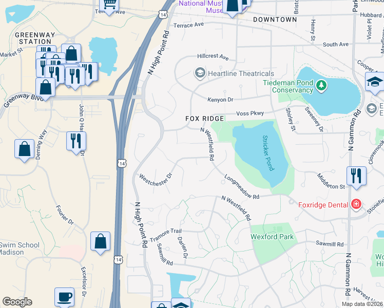 map of restaurants, bars, coffee shops, grocery stores, and more near 1206 Canterbury Circle in Middleton