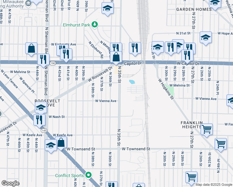 map of restaurants, bars, coffee shops, grocery stores, and more near 3817 North 35th Street in Milwaukee