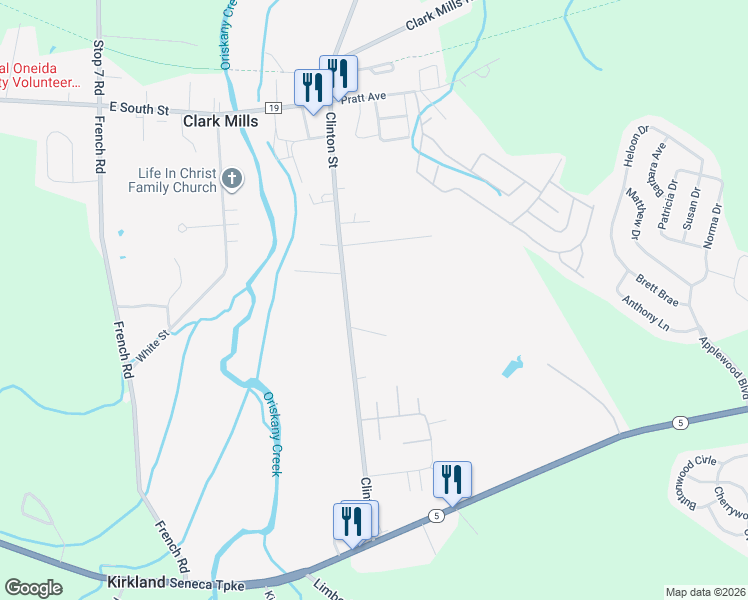map of restaurants, bars, coffee shops, grocery stores, and more near 4734 Clinton Street in Clark Mills