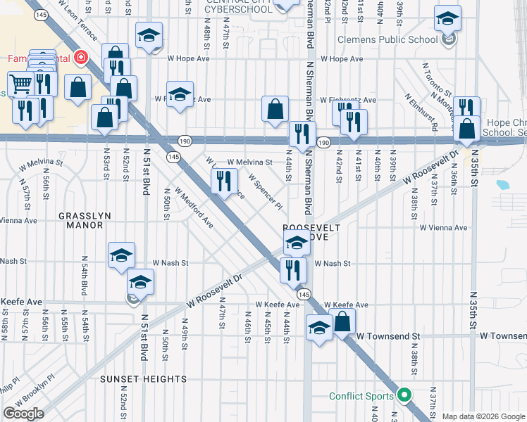 map of restaurants, bars, coffee shops, grocery stores, and more near 4560 West Fond Du Lac Avenue in Milwaukee