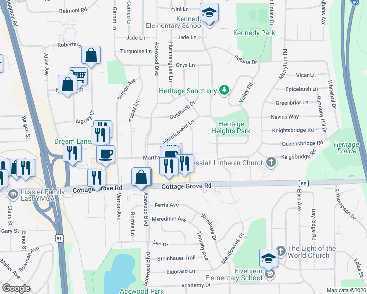 map of restaurants, bars, coffee shops, grocery stores, and more near 906 Flora Lane in Madison