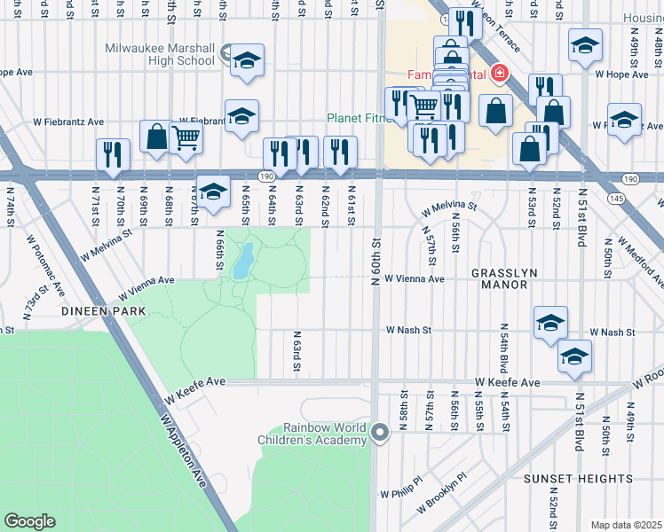 map of restaurants, bars, coffee shops, grocery stores, and more near 3767 North 61st Street in Milwaukee