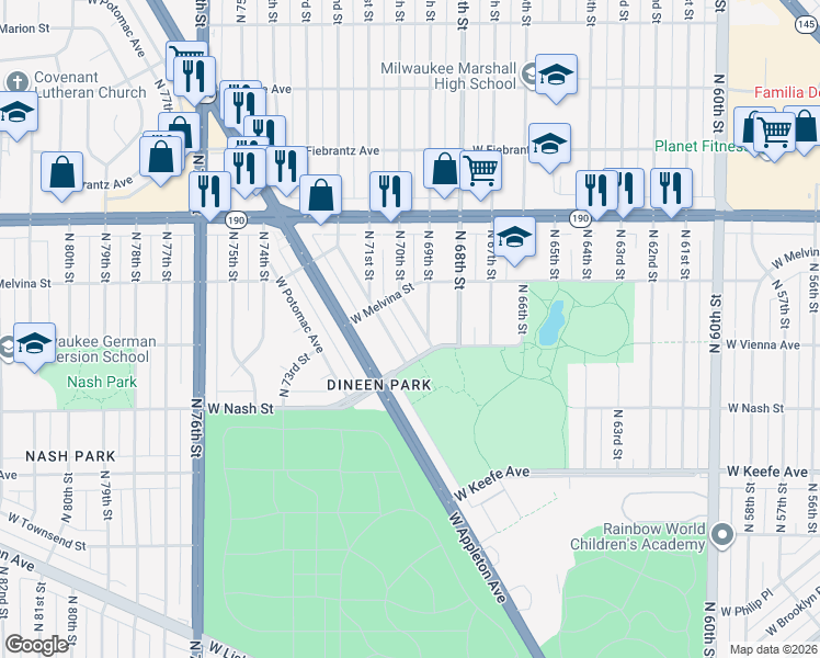 map of restaurants, bars, coffee shops, grocery stores, and more near 6930 West Vienna Avenue in Milwaukee